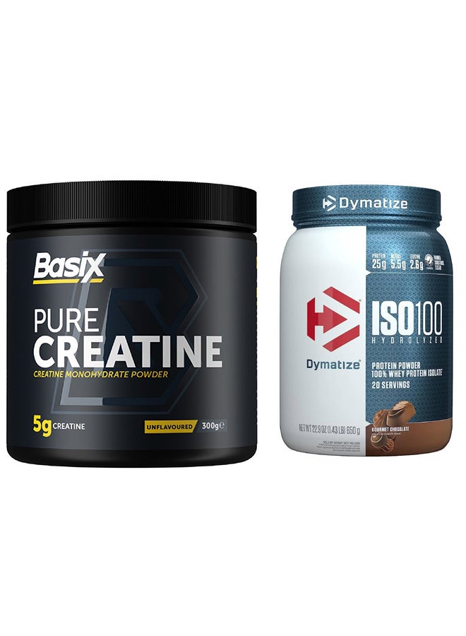 Dymatize عرض بوندي الحصري - ISO 100 شوكولاتة غنية 650 جرام، 20 حصة و Basix كرياتين نقي بدون نكهة 300 جرام - Image 1